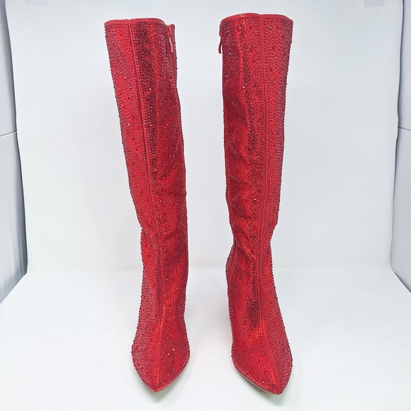 Top Moda Mariha Women's Rhinestone Knee High Boots 6.5 Red Sparkle - Picture 2 of 12